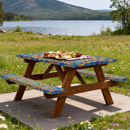 Fitted Picnic Table Cover with Bench Covers,Bohemian Waterproof Elastic Edges Rectangle Patio Tablecloth Outdoor Camping Essentials Stuff Rv Accessories Summer Travel Trip Camper Gifts