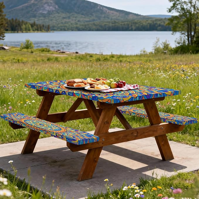 Fitted Picnic Table Cover with Bench Covers,Blue Bohemian Waterproof Elastic Edges Rectangle Patio Tablecloth Outdoor Camping Essentials Stuff Rv Accessories Summer Travel Trip Camper Gifts