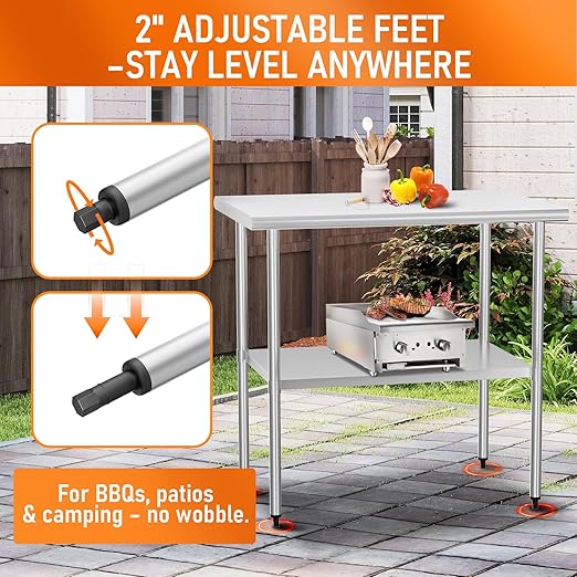 Stainless Steel Table for Food Prep & Work 24 x 36 inches Utility Table with Adjustable Undershelf, Commercial Workstation in Kitchen, Garage, Outdoor BBQ