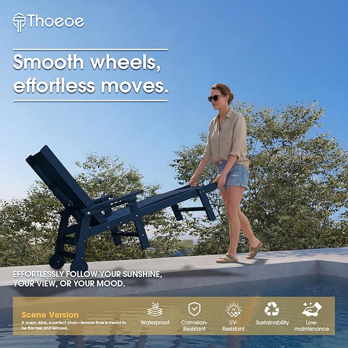 THOEOE Patio Chaise Lounge Chair, Oversized Lounge Chair Outdoor with 5 Positions, 78″Long, HDPE, Patio Lounge Chair with Wheels & Cup Holder for Pool, Deck, Poolside,Navy Blue