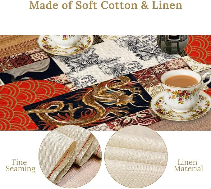 Japanese Table Runner Asian Traditional Dragon Tiger Pattern Patchwork Dinner Runner for Farmhouse Kitchen Dinner Table Haliday Party Decoration 13x60in