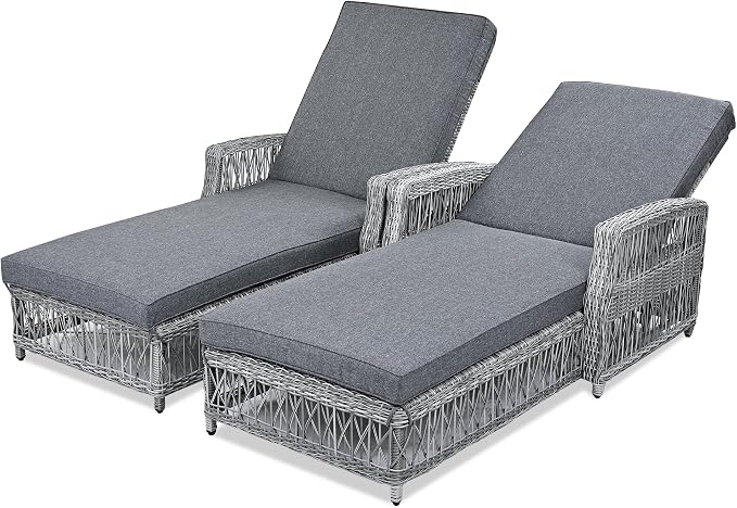 Merax Outdoor Rattan Chaise Lounge Set of 2, All Weather Wicker Patio Reclining Chairs with 4 Adjustable Backrest and Armrests, Sunbathing Recliner & Soft Removable Cushions for Poolside, Garden, Gray