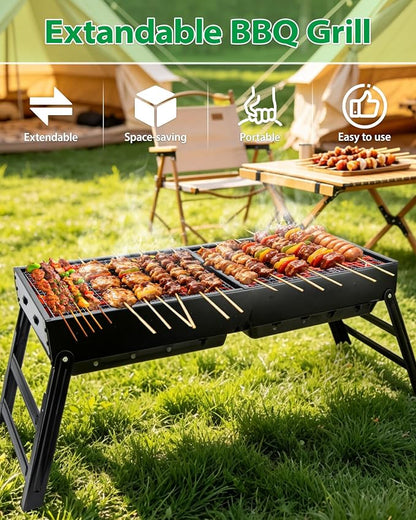Kizmyee Portable BBQ Barbecue Grill, Foldable & Retractable BBQ Grill | Compact for Travel & Expandable for Multi-Person Use, for Outdoor Camping Picnic Backyard Travel