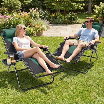 NEWBULIG Padded Zero Gravity Chair, Folding Lounge Chair Outdoor, Green | Foldable Beach Camping Recliner Chair with Adjustable Pillow and Trays for Poolside Lawn Patio