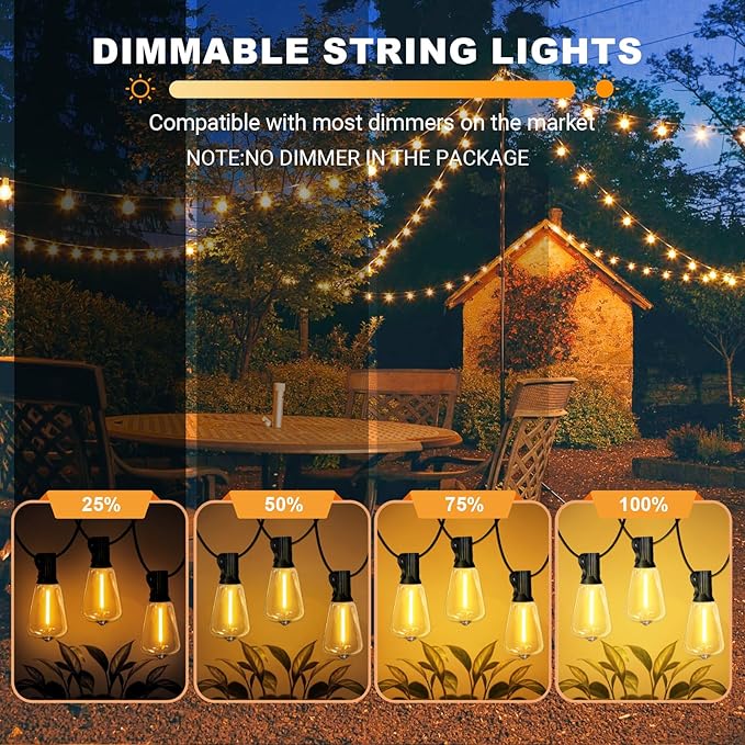 LAMPHOME Outdoor String Lights Waterproof, 51FT LED Patio Lights with 25+2 Spare ST38 Shatterproof Vintage Edison Bulbs,Connectable Hanging Lights for Backyard Garden Porch Deck Balcony Party Decor