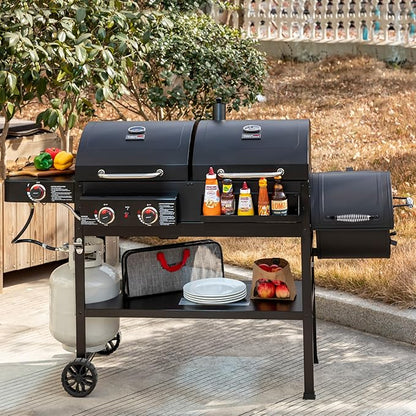 2-Burner Gas and Charcoal Grill Combo with Offset Smoker & Side Burner, 34,000 BTU Dual Fuel Grill, 1020 Sq. In. Cooking Area, Ideal for Outdoor Cooking, Black, ZH3005Y-SC