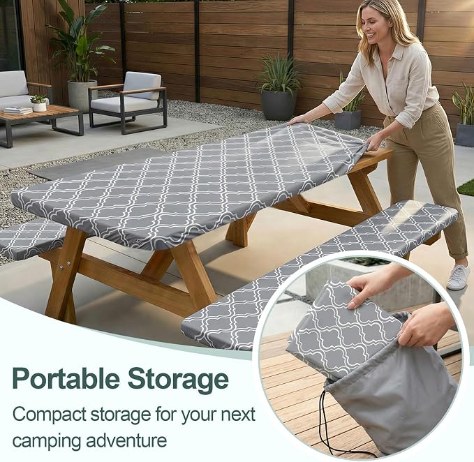 Picnic Table Cover Bench Covers Camping Essentials Tablecloth | Waterproof Vinyl for Outdoor, Windproof Elastic Fitted Edges, RV BBQ Accessories Must Haves, Storage Bag Included