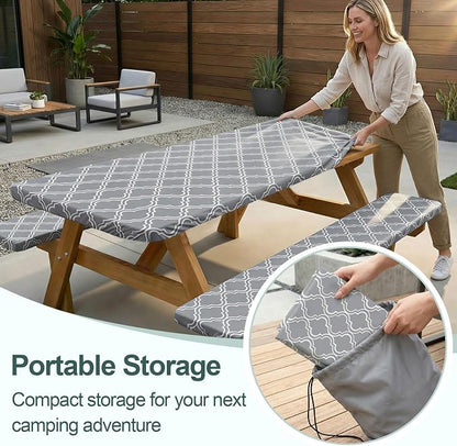 Picnic Table Cover Bench Covers Camping Essentials Tablecloth | Waterproof Vinyl for Outdoor, Windproof Elastic Fitted Edges, RV BBQ Accessories Must Haves, Storage Bag Included