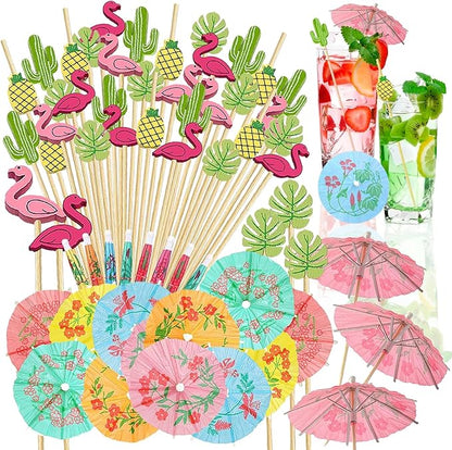 150 PCS Hawaiian Cocktail Appetizer Picks Tropical Toothpicks Party Decorations Drinks Umbrella Bamboo Charcuterie Skewers Flamingo Palm Leaf Pineapple Cactus Sticks Food Luau Hawaii Beach