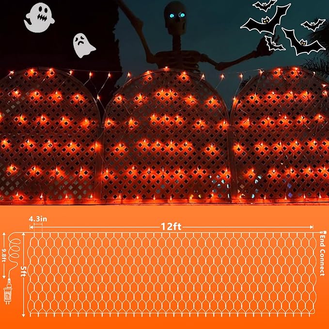 QITONG 360 LED Orange Christmas Net Light Outdoor, 12ft x 5ft Net Lights Outdoor Mesh Lights with 8 Modes, Clear Wire Thanksgiving Bush Light Plug in