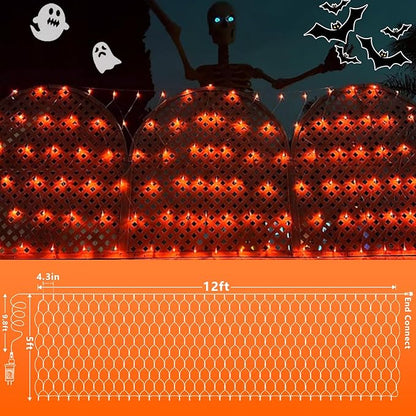 QITONG 360 LED Orange Christmas Net Light Outdoor, 12ft x 5ft Net Lights Outdoor Mesh Lights with 8 Modes, Clear Wire Thanksgiving Bush Light Plug in