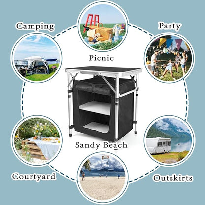 CampLand Folding Cooking Table Outdoor Portable Cook Station Aluminum Camping Kitchen with Storage Organizer, Windscreen, Hooks for BBQ, Party (SamllBlack)