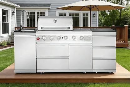 4-Burner 72000 BTU Stainless Steel Gas Outdoor Kitchen Island Grill with 3 Soft-Close Drawers, Single Door Cabinet & Pull-Out Sink, Patio, Lawn, Backyard, Silver