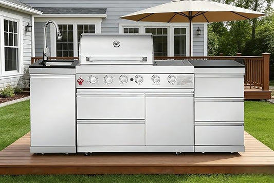 4-Burner 72000 BTU Stainless Steel Gas Outdoor Kitchen Island Grill with 3 Soft-Close Drawers, Single Door Cabinet & Pull-Out Sink, Patio, Lawn, Backyard, Silver
