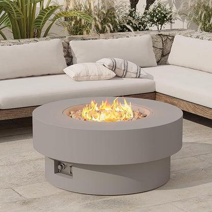 32 inch Outdoor Propane Fire Table, Round Patio Fire Pit Table, 50,000 BTU Gas FirePit with Lid, Cover, Lava Rocks, CSA Certified, Grey