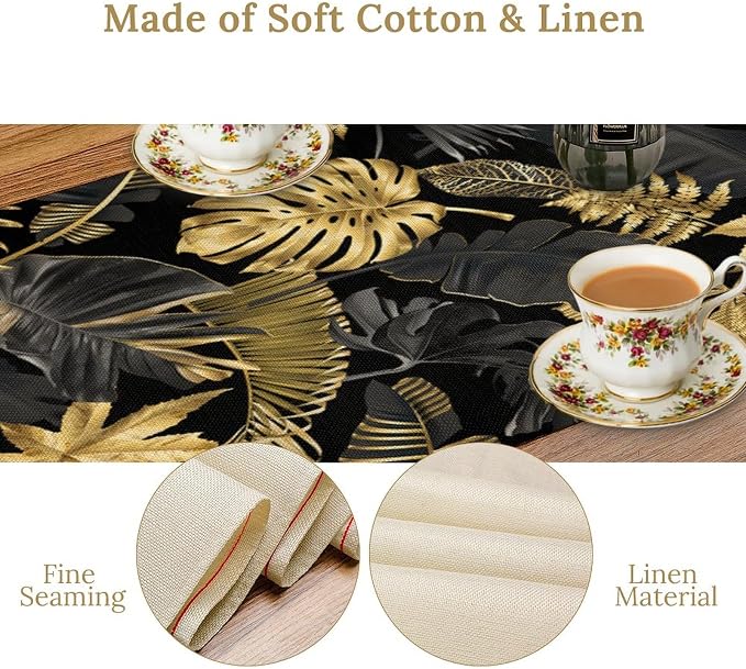Golden Leaves Table Runner Jungle Black Tropical Plam Tree Retro Boho Hawaii Botanical Plant Spring Summer Seasonal Dinner Runner for Farmhouse Kitchen Dining Home Holiday Party 13x70in