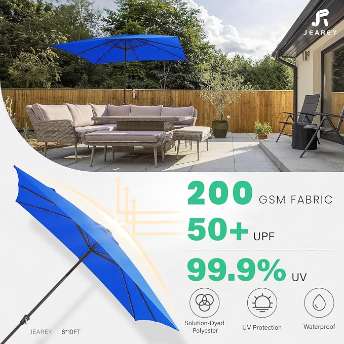 JEAREY 8x10' Rectangle LED Lighted Umbrella Patio Umbrella Outdoor w/Crank | Solar Market Umbrellas with 8 Sturdy Ribs, UV Protection Waterproof Sunproof for Pool, Deck, Backyard(Royal Blue)