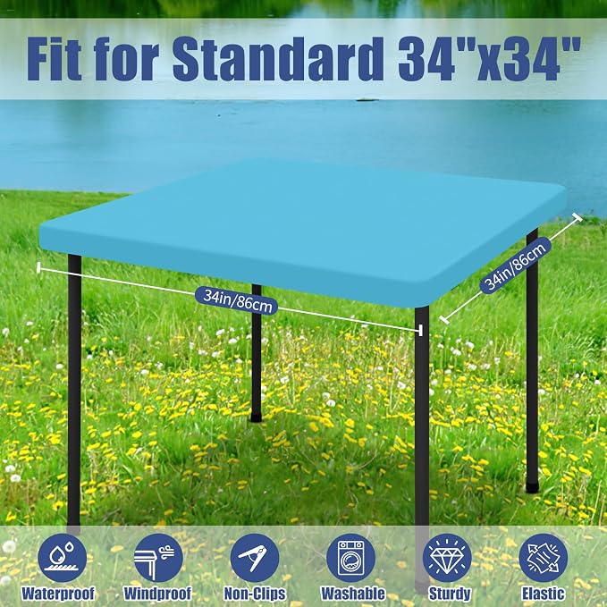 Moosfor 2 Pack Square Spandex Fitted Table Cloth, Elastic Tablecloth | Washable Picnic Table Cover, Stretch Waterproof Table cloths for Party, Patio, Dining, Kitchen, 34" x 34", Blue Mist