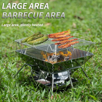 Tentock Folding Campfire Grill, Portable Fire Pit Grill for Camping, bbq Grill Charcoal 304 Stainless Steel Grate Barbeque Grill with Carrying Bag