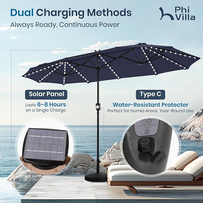 PHI VILLA 13ft Patio Umbrella w/ 120 PCS Color Changing Solar Lights, Navy | Outdoor Triple-Head Large Rectangle/Rectangular Solar-powered Market Table Umbrellas, w/ Crank Lift, for Poolside(No base)