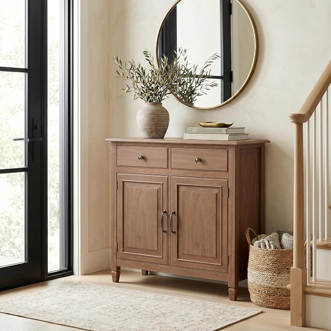 SIMPLIHOME Connaught 40" Solid Wood Cabinet in Medium Saddle Brown | Traditional slim entryway and living room organizer for hats, gloves, shoes and keys with space-saving storage design.