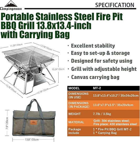 CAMPINGMOON Portable Campfire BBQ Grill 14 Inch Stainless Steel Folding Fire Pit Wood Burning Adjustable Height Outdoor Cooking RV Camping Carry Bag MT-2