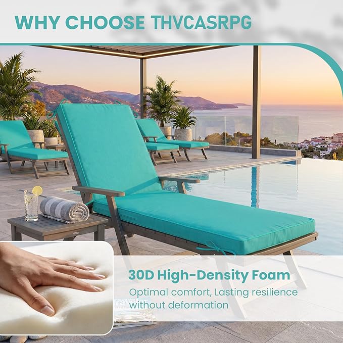 Chaise Lounge Cushions Outdoor, 80 x 26 Inch Water & Fade-Resistant Patio Furniture Lounge Cushion Set of 2, Beach Umbrella Lounger Chair Replacement Cushion with Removable Cover Pad, Lake Blue