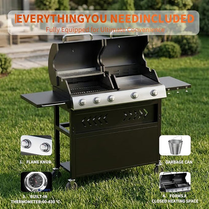 Garvee 5 Burner Propane Gas Grill Griddle Combo with Porcelain Enamel Cast Iron Grate & Cast Iron Pan – Dual BBQ Grill with Flat Top Griddle, 40,000 BTU Large Outdoor Gas Grill for Backyard Kitchen