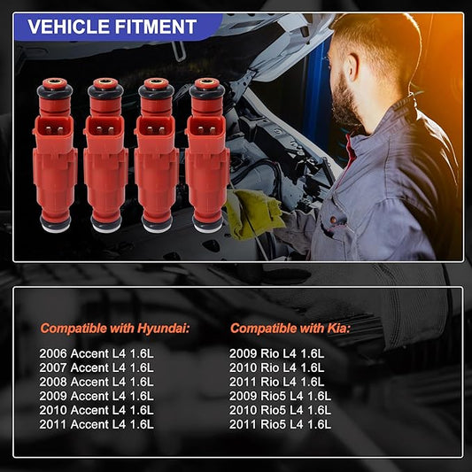 HiSport Fuel Injector 4 PCS Compatible with Hyundai Accent L4 1.6L 2006-2011,Kia Rio Rio5 L4 1.6L 2009-2011 Replace 35310-2E000 12 Holes