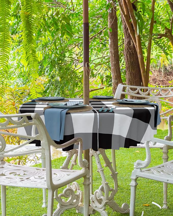 Black and White Checkered Outdoor Tablecloth - 54 Inch Round Dining Table Cover, Farmhouse Buffalo Plaid Waterproof Outdoor Table Cloth with Umbrella Hole & Zipper for Picnic/Patio/Party