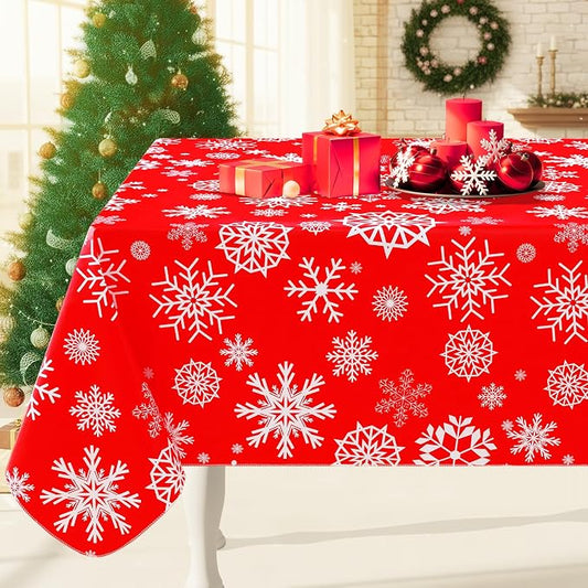 Smiry Christmas Rectangle Table Cloth, Waterproof Vinyl Tablecloth with Flannel Backing, Wipeable Snowflake Plastic Tablecloths for Christmas Table Decorations, (52"x70", Christmas Red)