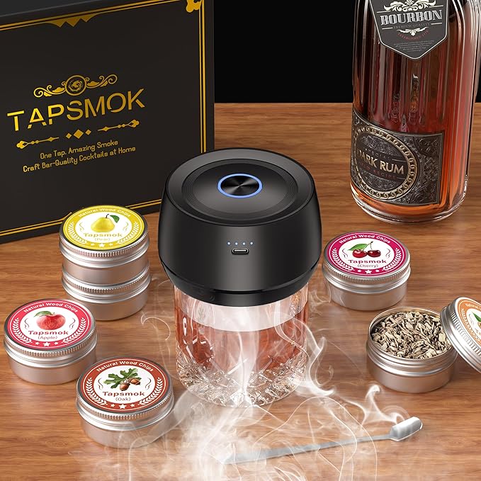 Electric Whiskey Smoker Kit for Old Fashioned & Bourbon: Fathers Day Gift for Men, Dad & Husband | Rechargeable Cocktail Smoker with Built-in Lighter (Butane-Free)| Birthday Gift Includes 6 Wood Chips