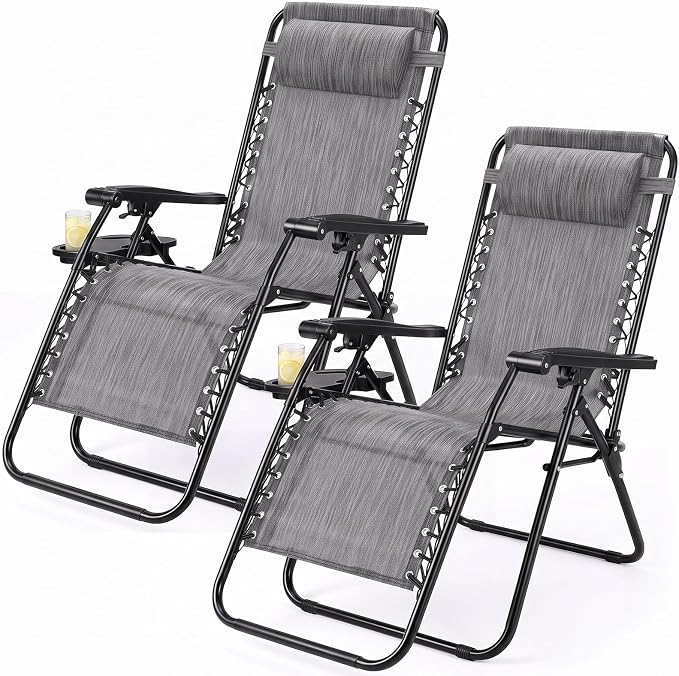 Zero Gravity Chairs Set of 2, Outdoor Folding Lounge Chairs | Foldable Reclining Patio Lawn Chairs with Mesh Back, Adjustable Pillows and Cup Holder Trays, for Pool, Beach, Backyard