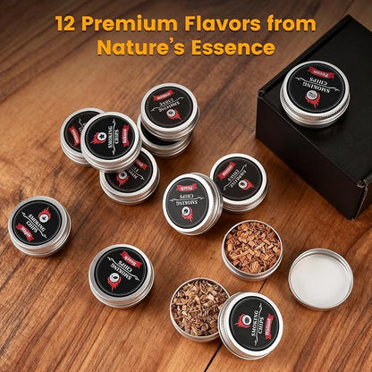 Wood Chips Cocktail Smoker, 12 Flavors Apple, Oak, Pear, Cherry, Beech, Walnut, Sakura, Peach, Cypress, Mesquite, Pecan, Maple, Natural Smoking Chips for Cocktails, Whiskey Drink Smoker Gift Set