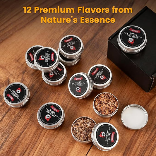 Wood Chips Cocktail Smoker, 12 Flavors Apple, Oak, Pear, Cherry, Beech, Walnut, Sakura, Peach, Cypress, Mesquite, Pecan, Maple, Natural Smoking Chips for Cocktails, Whiskey Drink Smoker Gift Set