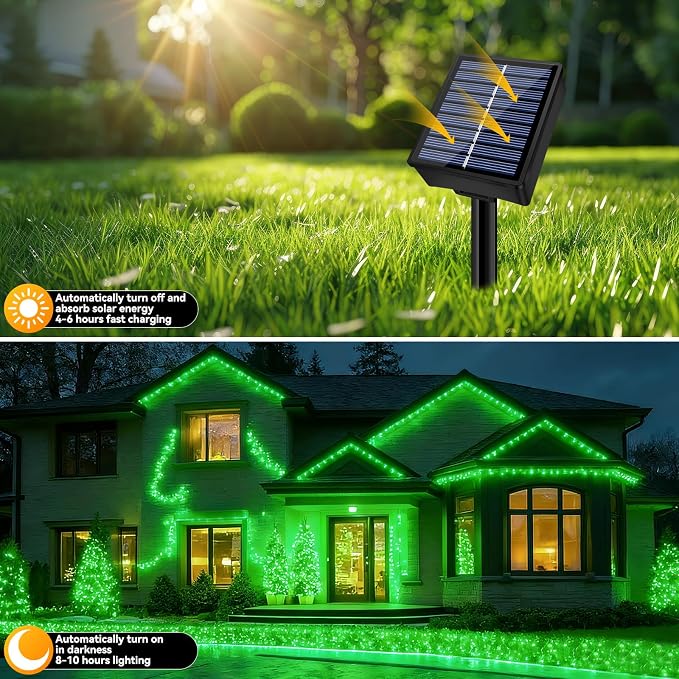 Solar String Lights Outdoor Waterproof 2 Pack Total 66ft 200LED Green | 8 Modes Twinkle Lights Solar Fairy Lights for Patio, Garden Yard Party Wedding Tree Christmas Halloween Decoration