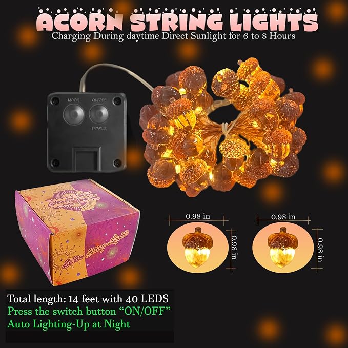 Solar Fall Acorn String Lights for Outside Outdoor Garden Decor Acorn Garland Lights Waterproof Yard Thanksgiving Decoration Christmas Fairy Lights 40LED 14ft Fence Decor