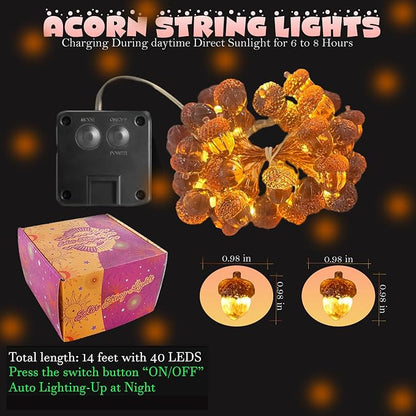 Solar Fall Acorn String Lights for Outside Outdoor Garden Decor Acorn Garland Lights Waterproof Yard Thanksgiving Decoration Christmas Fairy Lights 40LED 14ft Fence Decor