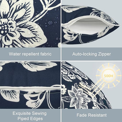 LVTXIII Set of 2 Patio Throw Pillows Covers Waterproof 20x20 Fade Resistant Outdoor Throw Pillow Case, Fluffy Decorative Garden Toss Pillow Covers for Home Patio Coach Sofa Use, Elegant Vines Navy
