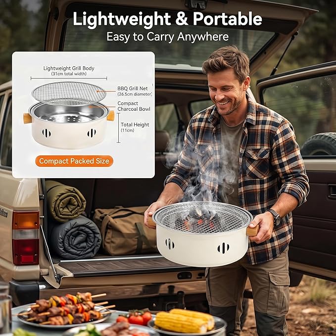 Portable Charcoal Grill, 13''diameter Mini Tabletop BBQ Grill with Stainless Steel Grate, Compact Outdoor Charcoal Barbecue for Camping, Picnic, Backyard, Travel, Small Grill for 2-4 People