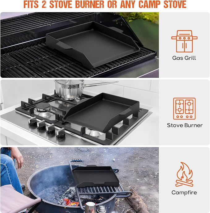 Universal Cast Iron Cooking Griddle for Grills and 2 Burner Range Oven | 18.1" x 12.2", Non-Stick BBQ Flat Top Griddle with Handles for Outdoor Cooking