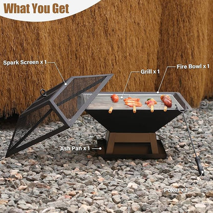 19.8inch Portable Small Fire Pit with a Removable Ash Pan, Fire Poker, Mesh Lid, 2 in 1 Square Outdoor Fireplace for BBQ, Outside Heating, Bonfire Party, Camping, Backyard, Patio, RV Trip