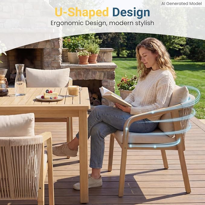 Wisteria Lane 9 Pieces Acacia Wood Outdoor Patio Table and Chairs Set for 8 | Modern Outdoor Dining Set with Umbrella Hole Table, Patio Table Set with Cushion for Backyard Deck Garden Porch