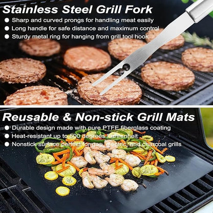 POLIGO 22PCS Heavy Duty BBQ Grill Accessories Set, Non-Slip Grill Tools for Outdoor Grill Set Stainless Steel Grill Utensils Set, Deluxe Grilling Tools Set in Aluminum Case Ideal Gifts for Men Silver