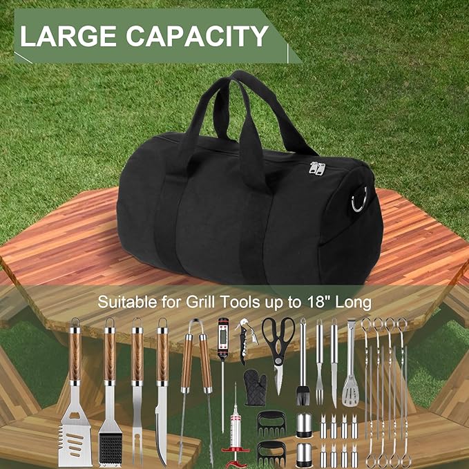 BBQ Tool Storage Bag, with Inner Pockets and Shoulder Strap, Black Outdoor Camping Barbecue Carry Bag, Grill Accessory Storage, BBQ Gifts for Men, 18.1 * 10.6 * 10.6 inches
