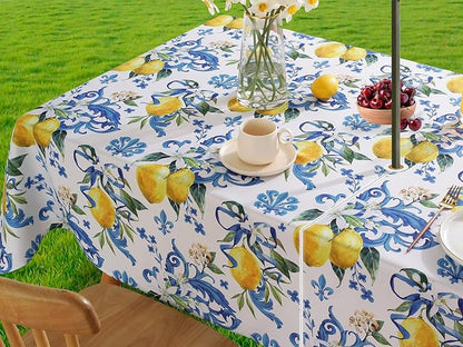 SASTYBALE Lemon Outdoor Tablecloth with Umbrella Hole and Zipper Rectangle 60X84 Inch French Country Lemons Flowers Zippered Table Cloth, Fabric Table Cover for Summer/Picnic/Patio/Camping, Blue