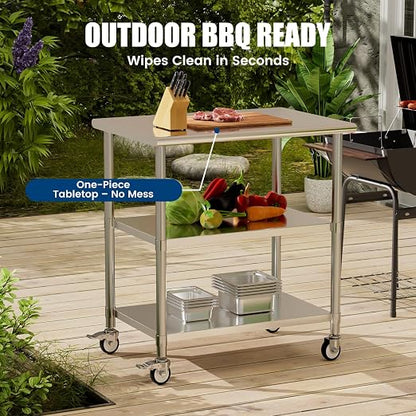 Stainless Steel Work Table with Wheels, 24x36 Inch NSF Kitchen Prep Table with 2 Adjustable Undershelves for Commercial Restaurant, Garage, Outdoor BBQ