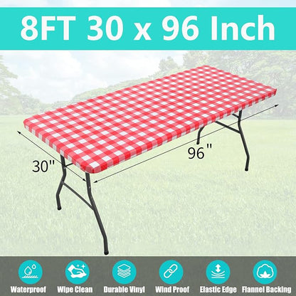 Smiry Rectangle Picnic Table Cloth, Elastic Waterproof Fitted Vinyl Tablecloths, Flannel Backed Buffalo Plaid Table Covers for Dining, Camping, Outdoor (White and Red, 30" x 96")