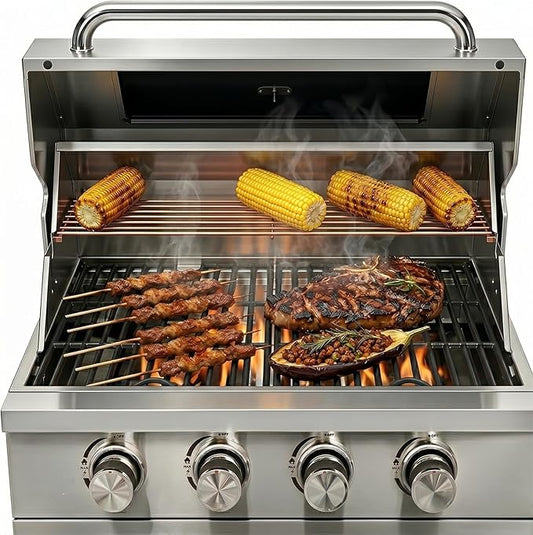 Premium 4 Burner Built In Gas & Charcoal Grill Island Head, Portable 304 Stainless Steel Outdoor Grill, 50,000 BTUs, 403 SQ In Racks, Dual Fuel Compatibility(27-IN)