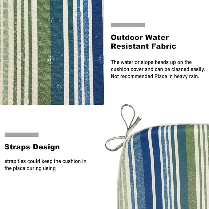 DYTXIII Set of 2 Outdoor Chair Cushions with Ties,Water Repellent Patio Chair Pads 17"x 16" for Outdoor Furniture,Round Corner Seat Cushions for Garden Yard Kitchen Stripe Blue Green